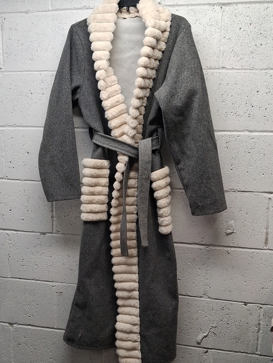 Jackets & Blazers - Womens Gray Wool Robe Coat with Cream Faux Fur Trim